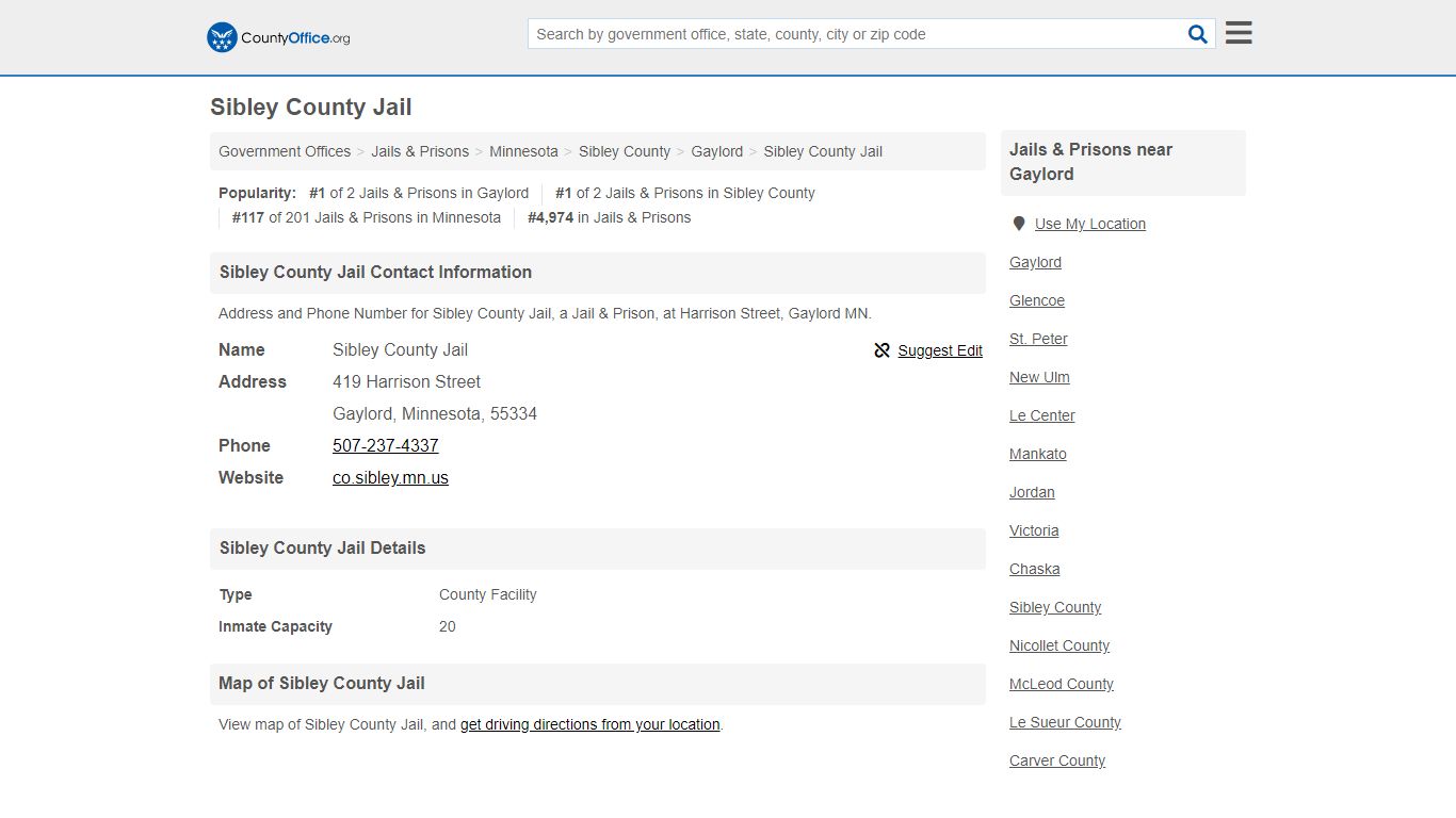 Sibley County Jail - Gaylord, MN (Address and Phone)