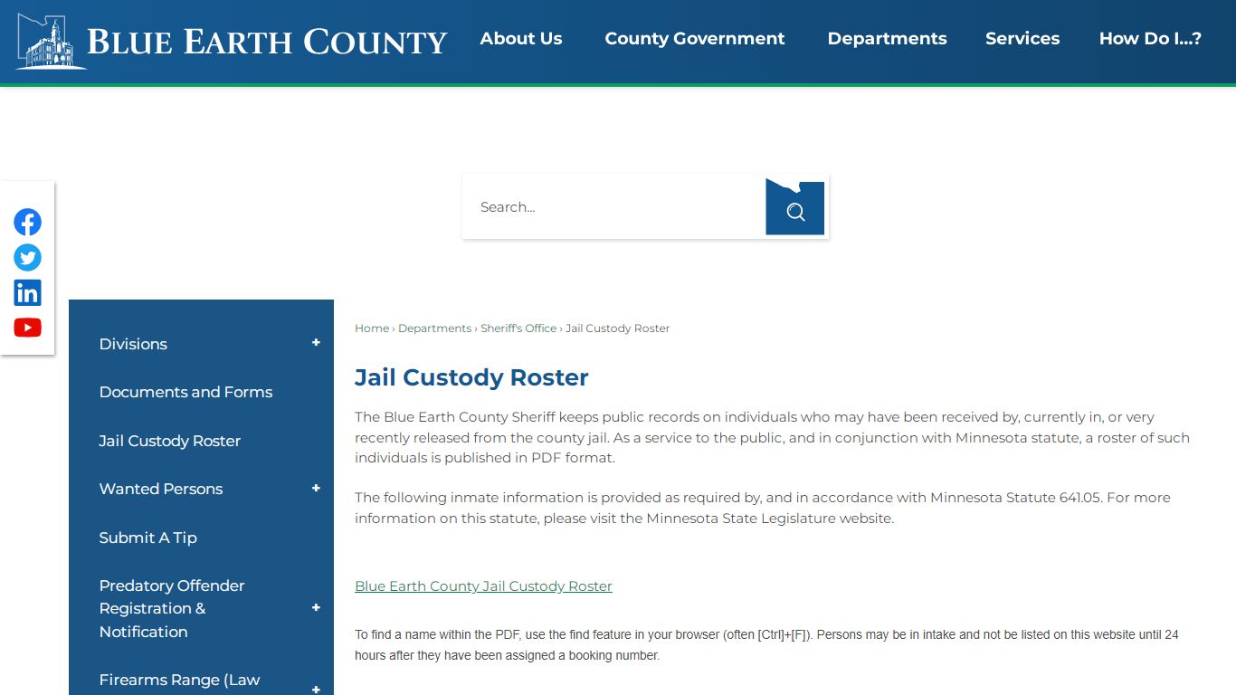 Jail Custody Roster | Blue Earth County, MN - Official Website